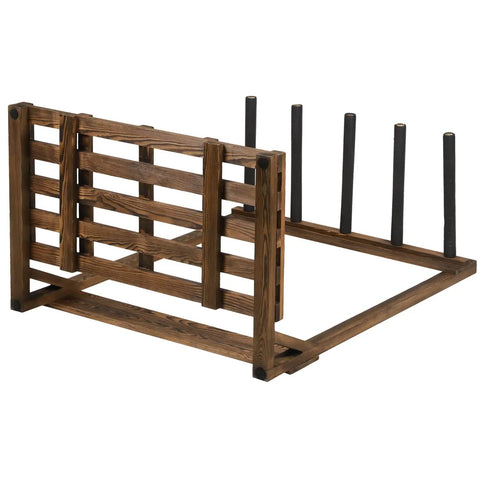 Rustic Burnt Wood Freestanding Surfboard Rack, 4 Foot Tall Vertical Stand For Indoor Storage, shown upside-down view.