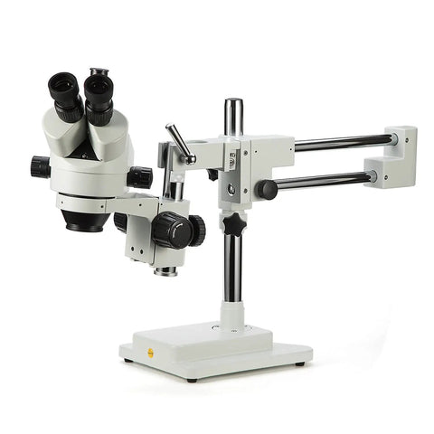 Simul Focal Trinocular Stereo Zoom Microscope Pro With WH10x Eyepieces 0.7x To 4.5x Objective 144 LED Ring Light Double Arm Boom Stand
