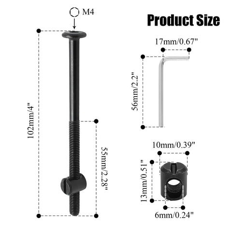 Toughest M6 X 100MM Black Allen Bunk Bed Bolts With Barrel Nuts And Hex Wrench Includes Twelve Heavy Duty Furniture Fasteners diagram detailing bolt size and features.