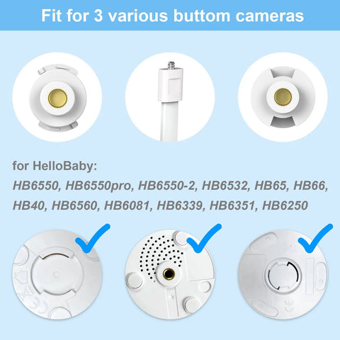 Diagram showing compatibility of 20 Inch Flexible Baby Monitor Arm Mount For HB Series Cameras. Three camera mount types displayed.