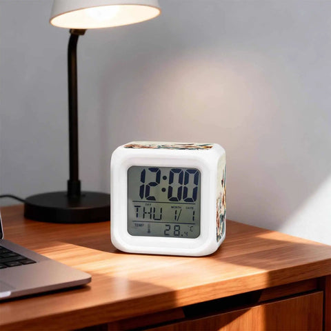 Straight Up Cool Seven Color LED Cube Alarm Clock With Temp And Date Display Vintage Floral Butterfly night light on wooden desk.