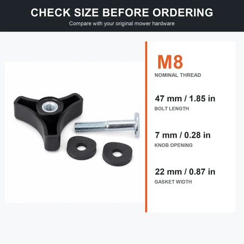 Upgrade Your Lawn Mower Game With This Slick Four-Set Handle Knob And M8 Bolt Repair Kit Featuring 47mm Stainless Hardware For A Snug Fit That Keeps Your Deck Gripping Strong So You Can Get Back To Mowing Smoothly Today. M8 knob, 47 mm bolt, 22 mm gasket