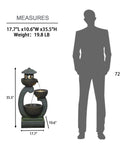 Outdoor Zen Water Fountain With LED Lights And Pump Tiered Pagoda Waterfalls Bowl For Patio Garden Yard And Poolside Gray 35.5 Inches Tall next to a silhouette for scale