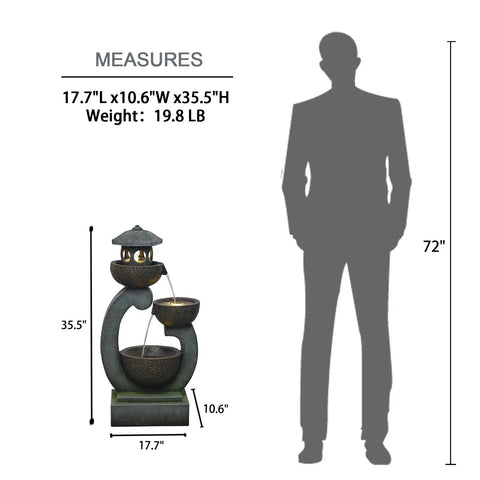 Outdoor Zen Water Fountain With LED Lights And Pump Tiered Pagoda Waterfalls Bowl For Patio Garden Yard And Poolside Gray 35.5 Inches Tall next to a silhouette for scale