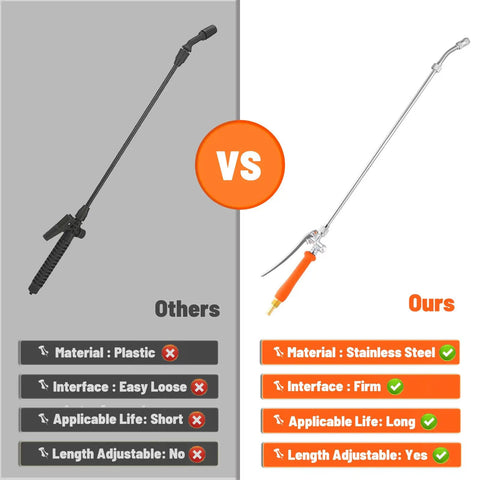 Comparison of Two Pack 29 Inch Spray Wand Kit With Brass Barb Fittings, stainless steel vs plastic options, highlighting features.