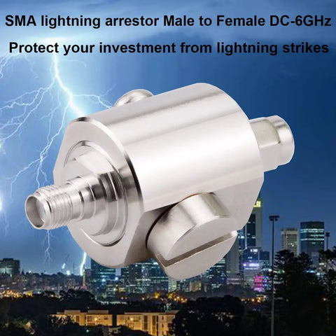 SMA Male To Female Lightning Arrestor For Coaxial Cellular GPS Systems, 50 Ohm Surge Protector, DC 0-6 GHz with cityscape background