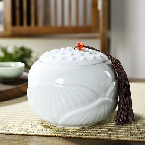 Premium Ceramic Tea Canister Set For Kitchen Straight Up Airtight Coffee Bean Storage Jar with decorative lid tassel.