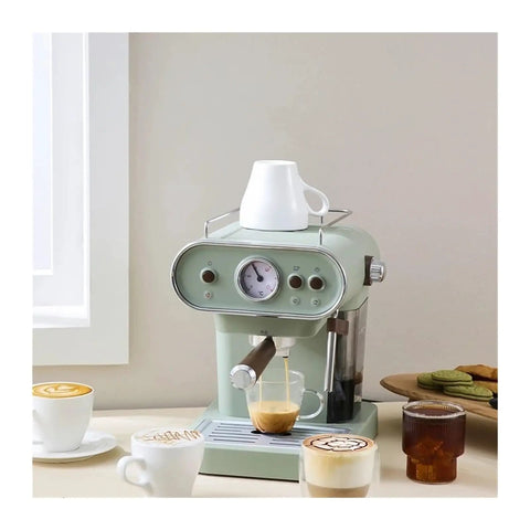 Top Tier 15 Bar Retro Espresso Machine With Italian Electric Pump Semi Automatic Steam Frother 1050 Watt Home Coffee Maker in mint green.