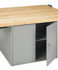 Heavy Gauge Steel Cabinet Workbench With Four Beefy Vises And Thick Wood Top For Classroom Storage And Rugged Shop Builds Built Like A Tank American Made Featuring Secure Locking Doors And Reliable Hardware, showcasing a thick maple top and open cabinet.