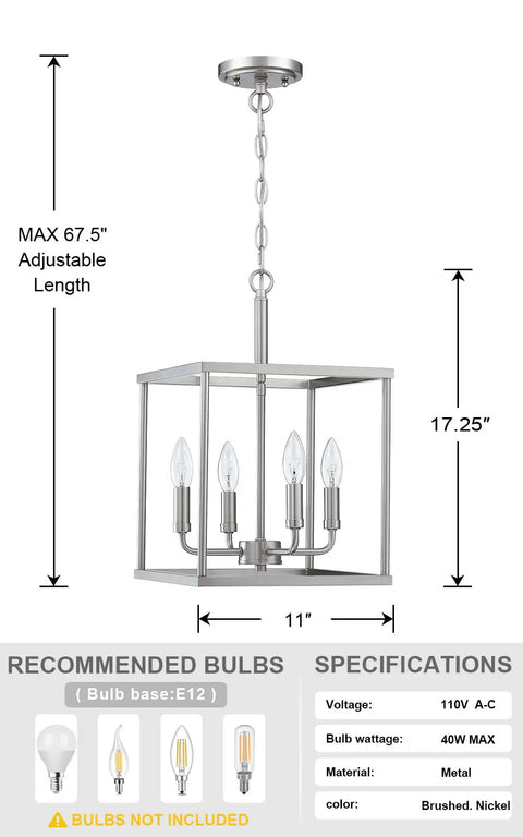 Farmhouse Style 4 Light Lantern Cage Pendant For Kitchen Island With Wood And Brushed Nickel Finish, Adjustable Hanging Length