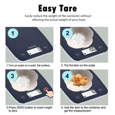 Digital Kitchen Scale For Food, 11Lb And 5Kg Precision Scale With Ounces And Grams, tare function instructions with nuts in bowl