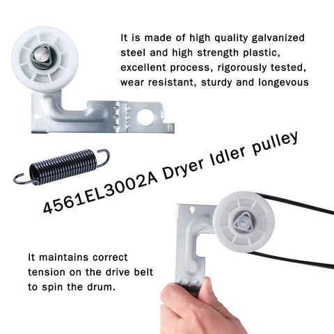 Upgraded Dryer Repair Kit For Everyday Laundry Boss Dryers With Drum Roller 4581EL2002C Belt 4400EL2001A Idler Pulley 4561EL3002A And Spring Durable Easy Install Fits Most Front Load Dryers image showing idler pulley 4561EL3002A.