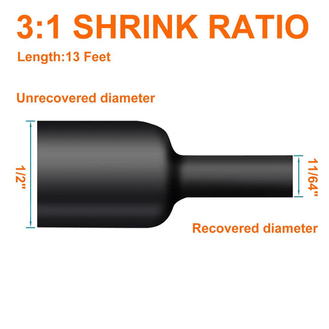 3:1 shrink ratio diagram of Top Tier 1/2 Inch Heat Shrink Tubing 13 Foot Roll Dual Wall Adhesive Lined Waterproof Wire Wrap Cover.