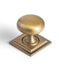 Close-up of a single brushed brass cabinet knob with backplate from six pack zinc alloy durable single hole center mount pull hardware