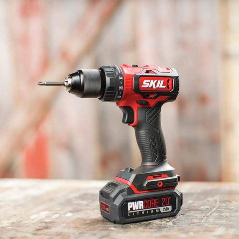 Built Tough Cordless Drill And Impact Driver Combo Kit With Brushless 20 Volt Motors Features Bang For Buck Value Plus Fast Jump Charger And Lithium Battery Weekend Warrior Gear For Home Shop Projects, close-up of cordless drill with lithium battery.