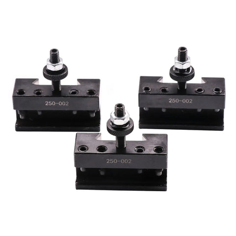 Three steel 250-002 components of Quick Change Tool Post Set For Mini Lathe 6-9 Inch, Wedge Type, 11Pcs 250-000 Plus Extras.