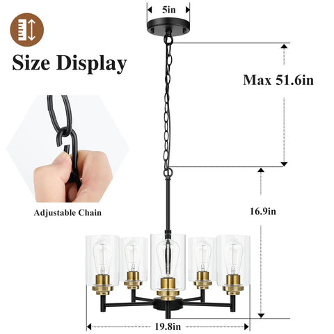 Modern Farmhouse 5 Light Chandelier For Dining Room And Kitchen Island Dope Industrial Black Pendant Lighting With Glass Shades