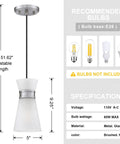 3 Pack Cylindrical Pendant Lights With Frosted Glass, Modern Hanging Lamps For Kitchen Island Bar And Dining Room, Brushed Nickel Finish, dimensions and bulb specifications.