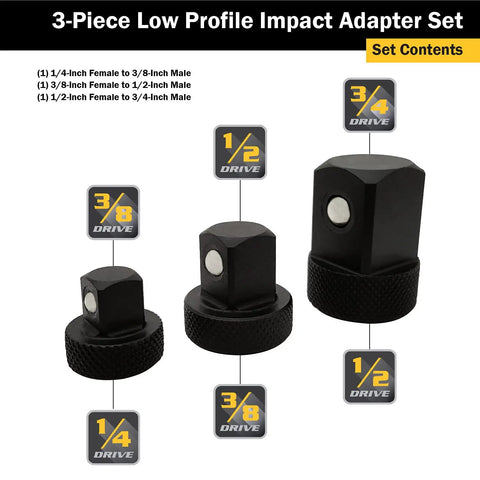 Low Profile Impact Socket Adapter Set With Detent Ball Retention Three Chrome Moly Adapters 1/4 To 3/8 3/8 To 1/2 1/2 To 3/4