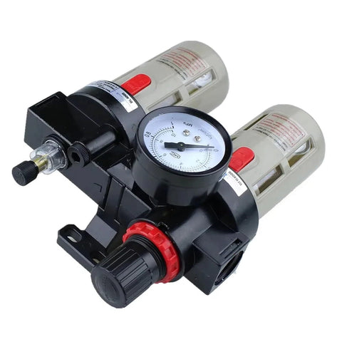 All In One FRL Air Compressor Prep Kit With Oil Water Separator, Filter, And Regulator For 1/4, 3/8, 1/2 Inch Lines close-up view