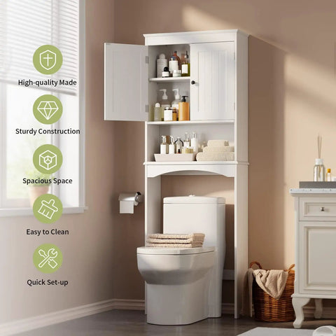 Premium Over The Toilet Storage Cabinet Featuring Adjustable Solid Wood Shelves And Deep Storage Bins For Rolls And Towels In A Sleek White Bathroom Organizer above a toilet.