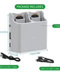 Two-Way Parallel Charger With Storage For Neo Battery, 45W PD Rapid Charging Hub including cables and size dimensions.