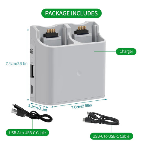 Two-Way Parallel Charger With Storage For Neo Battery, 45W PD Rapid Charging Hub including cables and size dimensions.