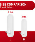 Size comparison of large and Medium Wire Hooks Set With 3 Hooks And 4 Strips Damage Free Wall Hangers holding 5 lbs and 3 lbs.