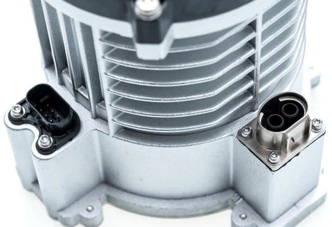 Close-up of Electric Water Pump For EV Cooling Systems 9V To 32V showing electrical connectors and finned design for efficient heat control.