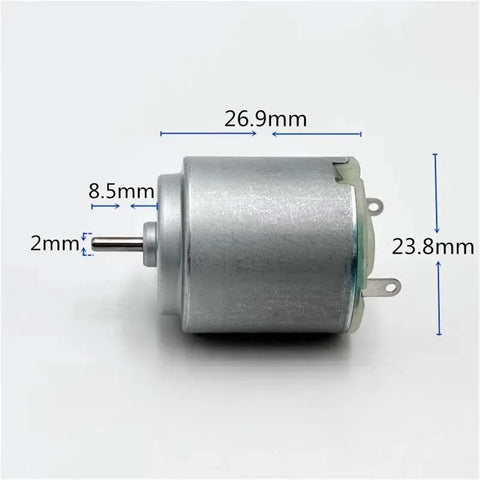 Side view of Mini R260 Micro DC Motor 24 Millimeter Carbon Brush High Speed 15000 RPM dimensions labeled