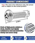 Product dimensions of 4 Piece Stainless Steel License Plate Screw Set, heavy duty screw measuring 0.96 by 0.46 inches.