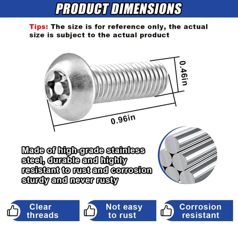 Product dimensions of 4 Piece Stainless Steel License Plate Screw Set, heavy duty screw measuring 0.96 by 0.46 inches.