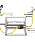 Diagram showing how to connect Heavy Duty Stainless Steel Garden Hose Reel With Smooth Rollup Crank for easy hose use.