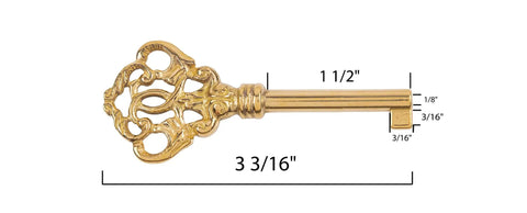 Solid Brass Skeleton Key, 3-3/16 inches long, ornate vintage style, perfect replacement for furniture locks.