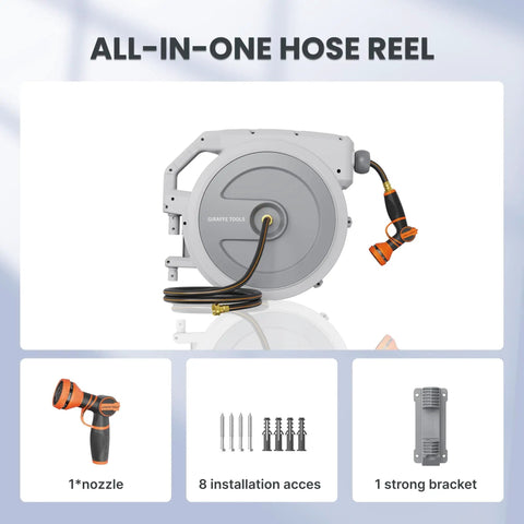 Heavy Duty Retractable Garden Hose Reel 130 Ft Half Inch Hybrid Hose, Wall Mounted With Auto Rewind and 9 Pattern Nozzle