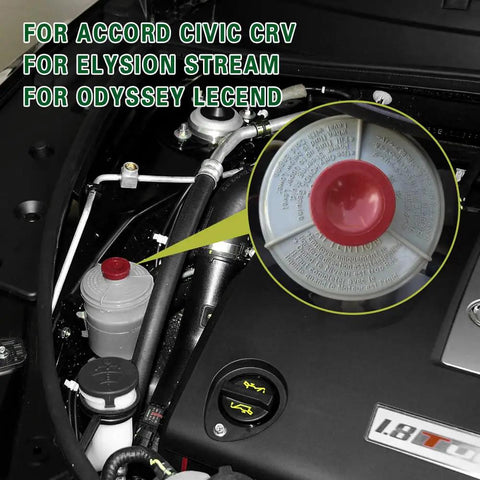 Red hydraulic power steering reservoir cap for Honda Accord Civic CRV, ABS plastic, under hood view, compatible with models 53697Sb3952.