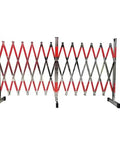 Tough Expandable Metal Barricade And Portable Folding Security Gate For Quick Road Closure Setup Plus Rock Solid Scissor Barrier crafted from stainless steel with red safety paint.