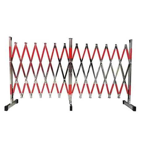 Tough Expandable Metal Barricade And Portable Folding Security Gate For Quick Road Closure Setup Plus Rock Solid Scissor Barrier crafted from stainless steel with red safety paint.