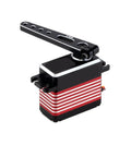 Hella Smooth High Voltage Steering Servo Delivering 75 Kilograms Of Raw Torque In An 88 Gram Compact Body With A Rock Solid Cnc Metal Case Fully Waterproofed For Rc Vehicles Steel Arms, showing side angle.