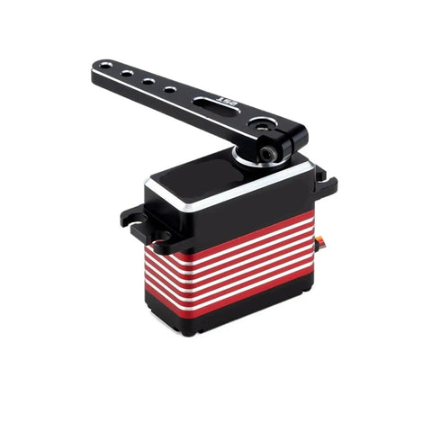 Hella Smooth High Voltage Steering Servo Delivering 75 Kilograms Of Raw Torque In An 88 Gram Compact Body With A Rock Solid Cnc Metal Case Fully Waterproofed For Rc Vehicles Steel Arms, showing side angle.