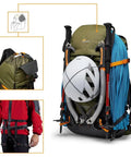 PhotoSport X 35L AW Camera Backpack with gear attached, rear access, recycled fabrics, dark grey and green, size M and L