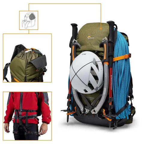 PhotoSport X 35L AW Camera Backpack with gear attached, rear access, recycled fabrics, dark grey and green, size M and L