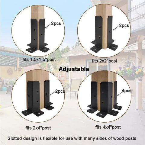 Four Pack Adjustable Deck Post Anchor Brackets Fits 1.5x1.5, 2x2, 2x4, 4x4 Posts displayed with wood posts outdoors