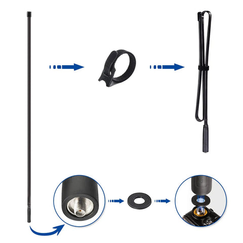 Dual Band Ham Radio Antenna Foldable 42.5 Inch 136-520MHz CS Tactical SMA Female shown in folded and extended view with connector details.