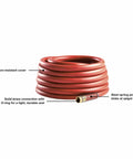 Heavy Duty Three Quarter Inch By Seventy Five Foot Garden Hose With Kink-Resistant, Commercial Grade Rubber And Vinyl Construction, Abrasion-Resistant Red Cover, 400 PSI Burst Strength coiled with brass fittings visible.