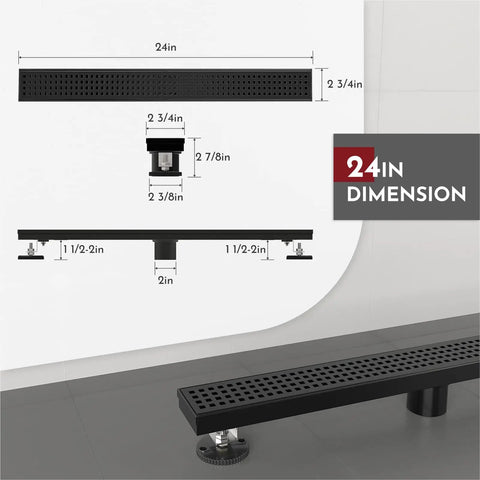 24 Inch Linear Shower Drain With Accessories Rectangular Floor Drain Square Hole Pattern Cover Grate Removable SUS304 Stainless Steel CUPC Certified Matte Black High Flow No Fuss Easy Clean