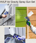 Hella Smooth Finish Guaranteed Dual Nozzle HVLP Gravity Feed Spray Gun Set With Locking Air Pressure Regulator Gauge for auto and wall detailing.