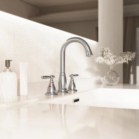 Sleek Chrome Widespread 8 Inch 3-Hole 2-Handle Bathroom Faucet With Valve And Metal Pop-Up Drain Assembly Lead-Free Easy Install WF017-4-C