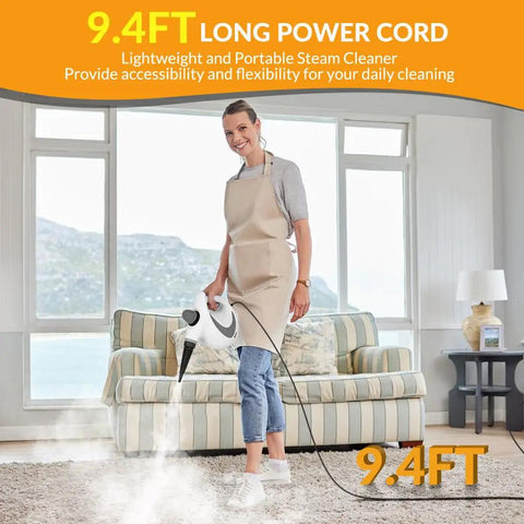 Kick Stubborn Grease To The Curb With Heavy Duty Handheld Steam Cleaner featuring 9.4FT power cord in a living room setting.