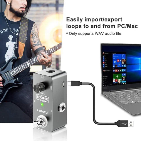Guitar Looper Pedal with 5 Minute Loop Time Ultra Compact Aluminum Build Dope 24-Bit Uncompressed Audio connected to laptop